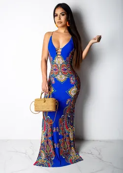 

HAOOHU women summer paisley vintage print spaghetti strap sleeveless maxi Fish tail dress sexy party new long vestido dresses