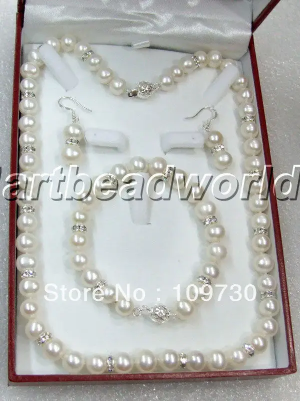 

Jewelry 00307 9mm white color freshwater pearl necklace bracelet earring ss925 stud set (A0423)