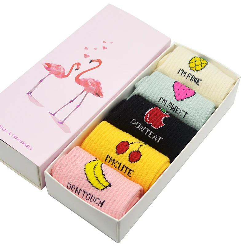 5 пар/уп. карамельные цвета милые фруктовые женские носки Kawaii банан/клубника/яблоко/сосна/вишня слова женские носки с подарочной коробкой