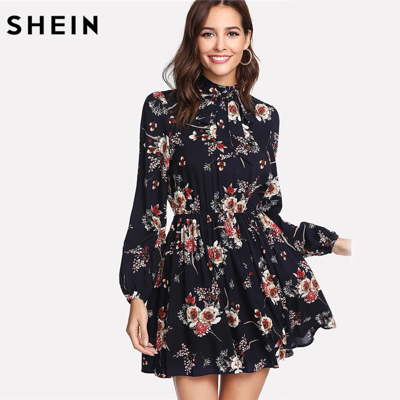 SHEIN الخريف الأزهار النساء فساتين متعدد الألوان أنيقة طويلة الأكمام