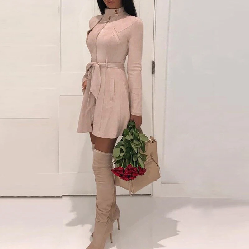 ELSVIOS Zipper Faux Suede Leather Dress 2018 Autumn Long Sleeve Mini Short Dress with Belt Women Chic Slim A-Line Party Dresses