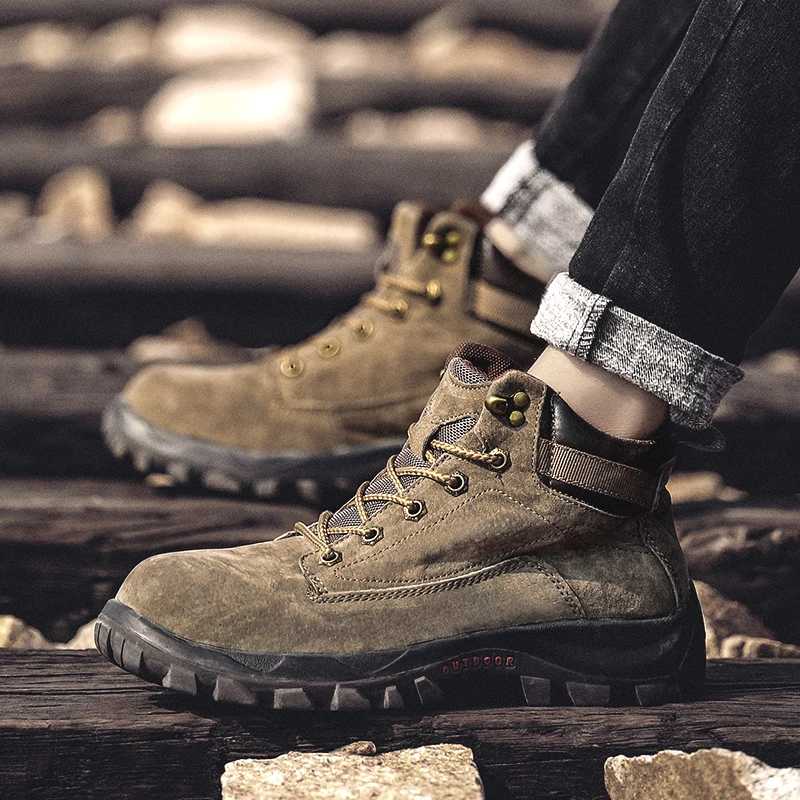 

Man Outdoor Leather Boots Light Brown Khaki Mens Casual Shoes Autumn Winter Tracking Boots Men Lace Up Walking Male Boots