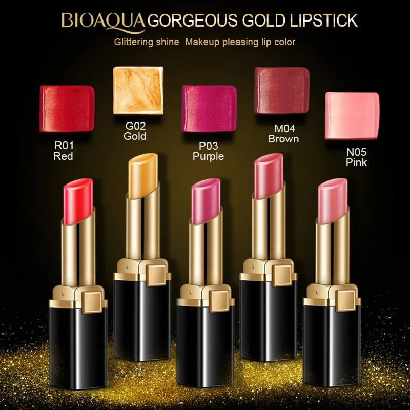 BIOAQUA Gold Lipstick Brilliant Lip Gloss Refreshing Long Lasting Lipstick Women Sexy Luxury Glitter Makeup Lips Tool 38