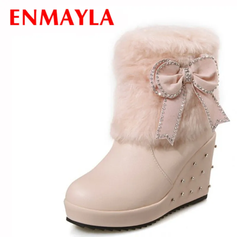 

ENMAYLA Pink White Fur High Heels Ankle Boots for Women Wedges Heels Rhinestone Slip-On Platform Boots Bow Ladies Shoes Woman