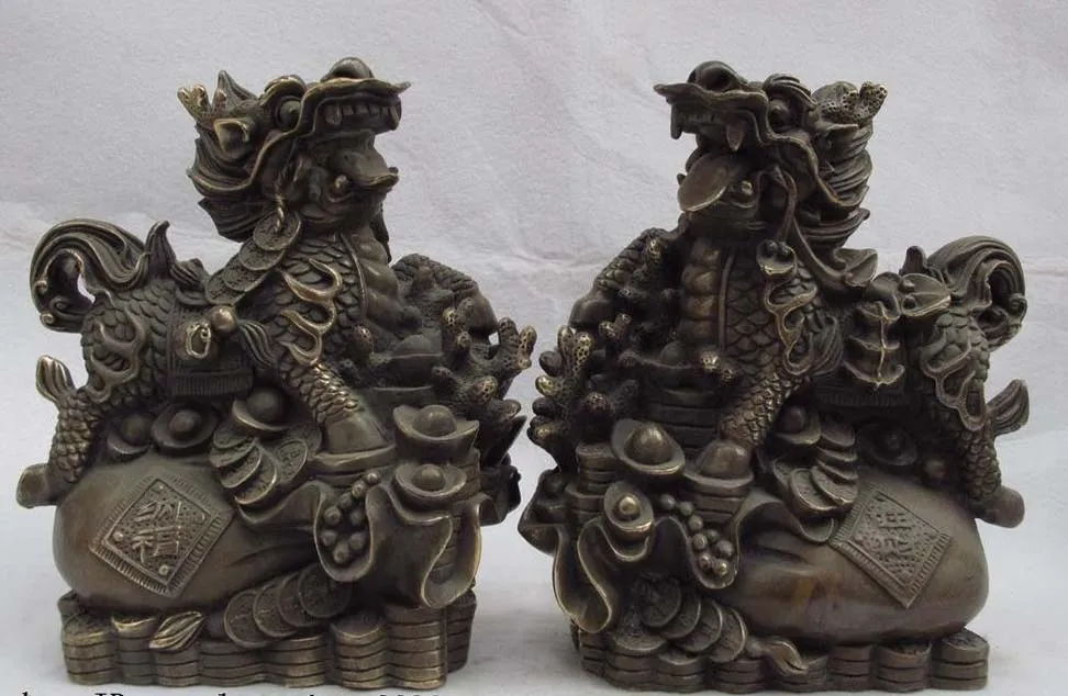 

8 Chinese Bronze Copper foo dog kylin lion on the wealth sack fengshui figurine