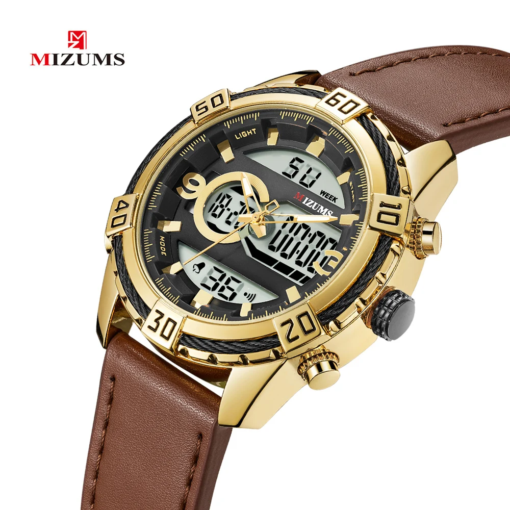 Mens Watches Top Luxury Brand Men Leather Sports Watches MIZUMS Men's Quartz LED Digital Clock Waterproof Military Wrist Watch 2019 New montre hommes (9)