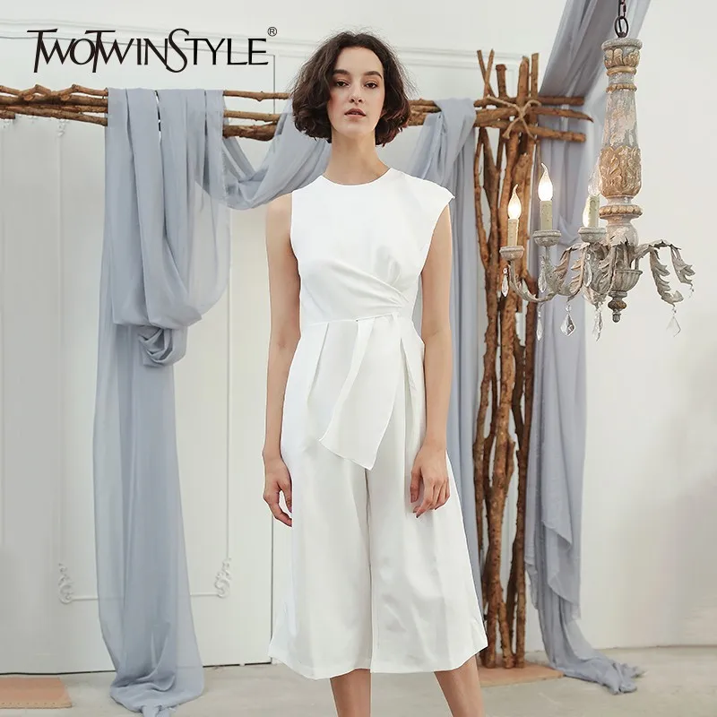 

TWOTWINSTYLE Sleeveless Women's Jumpsuits Patchwork Tunic High Waist Ankle Length Wide Leg Pants 2019 Autumn OL Clothes Oversize