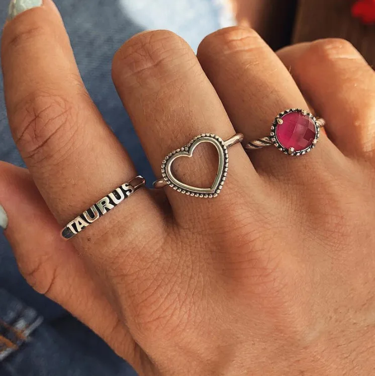 ZIIME 3PCS/Set Simple Design Letter Heart Crystal Stone Knuckle Ring Set For Ladies Antique Silver Rings Jewelry Anillo Boho