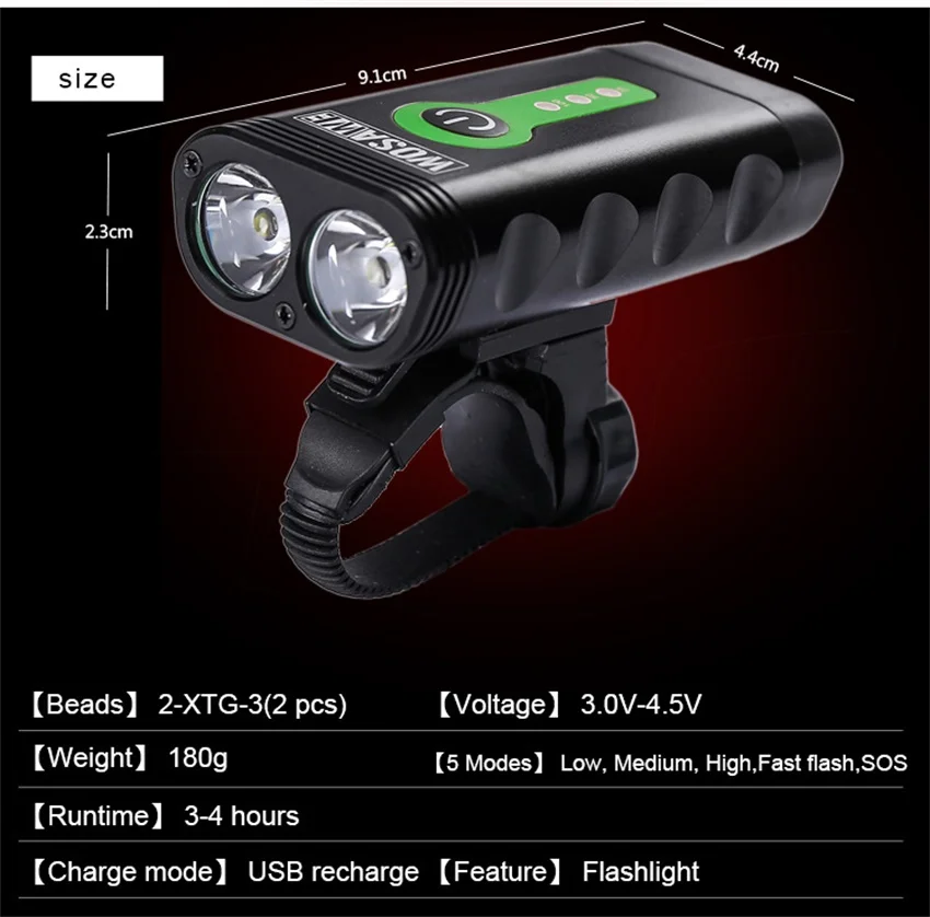 Flash Deal WOSAWE USB Rechargeable Bicycle Flashlight 2400 Lumens with Built-in Battery Rotate Bike Cycling Light 2-XML-3 LED Lamp 5 Modes 9