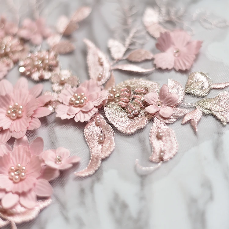Розовый вышитый бисером цветок вышивка патч, кружевная ткань аппликация шитье свадебное платье невесты вуаль ремесло одежды аксессуары украшения