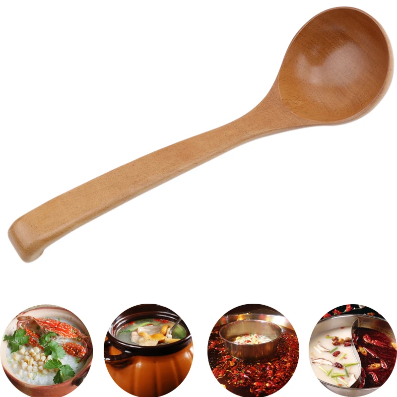 1pc Large Wooden Soup Spoon Long Handle Natural Soup Spoons Healthy Eco