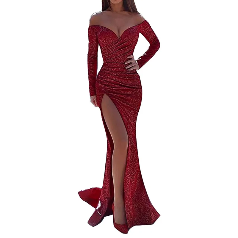 

Women Dress Party Dress Pleated Prom Fishtail Split Off Shoulder Large Pendulum Bodycon Dress Evening