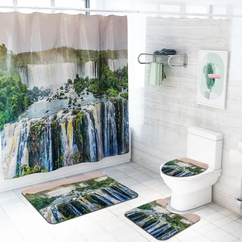 

Mountain River Printing Shower Curtain 4 Piece Carpet Cover Toilet Cover Bath Mat Pad Set Bathroom Curtain with 12 Hooks