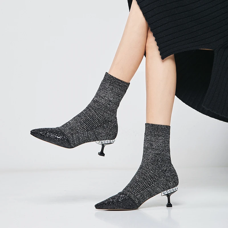 

Black Sequin Pointed Toe Women Boots Elastic Autumn Sock Short Booties Pink Crystal High Heels Botines Femme Apricot Botas Mujer
