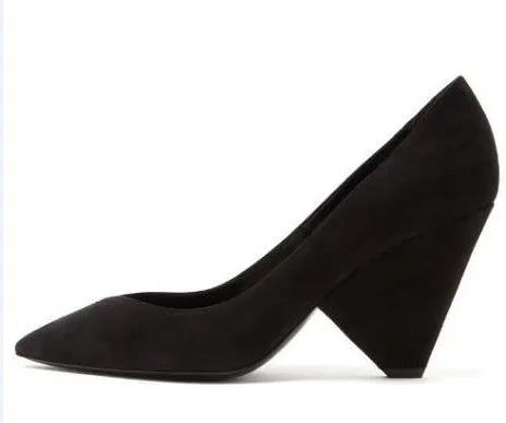 

Free Ship Spring Hot Women Sexy Black Suede Spike Heels Pointed Toe Pumps Low Cut Party Dress Shoes Lady Size 42 Strange Heels