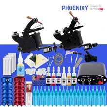 Набор для татуировки, 2 станка, 6 цветов, чернила для татуировки, черный источник питания, иглы для боди-арта, Перманентный макияж, завершенная татуировка, набор