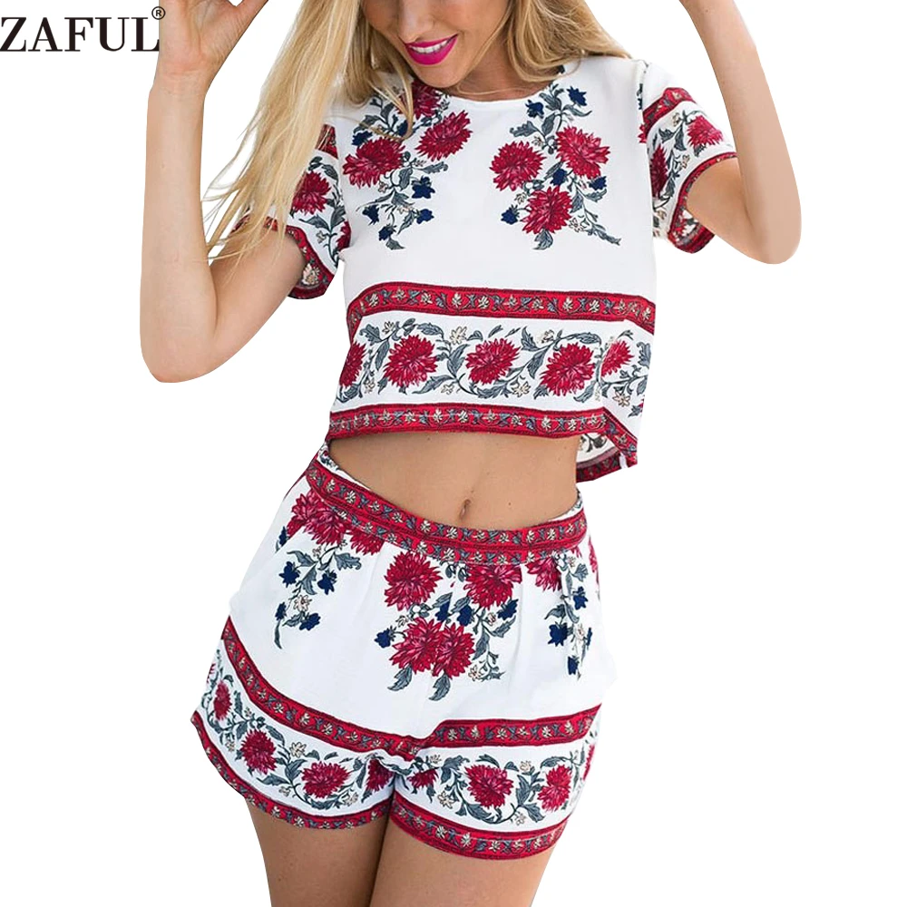 ZAFUL Summer Women Suits Retro Rosemary Floral Crop Top Shorts Set