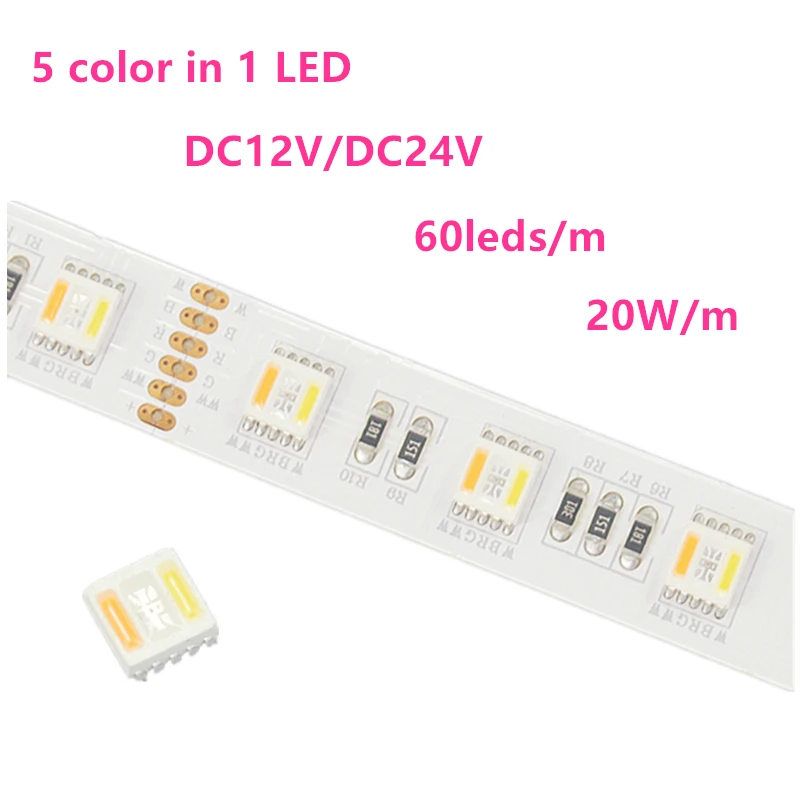 5 colors in 1 led SMD5050 WRGBWW strip light RGBCCT color changeable RGB+(2700-6500K) led tape 60led 20Wm DC12VDC24V 5mReel