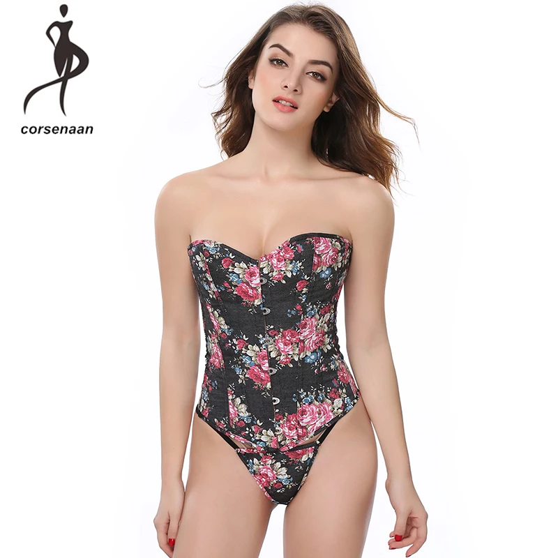 

Black Women Sexy Lingerie Vintage Floral Denim Jeans Overbust Lace Up Boned Corset Bustier Top Costume 858#