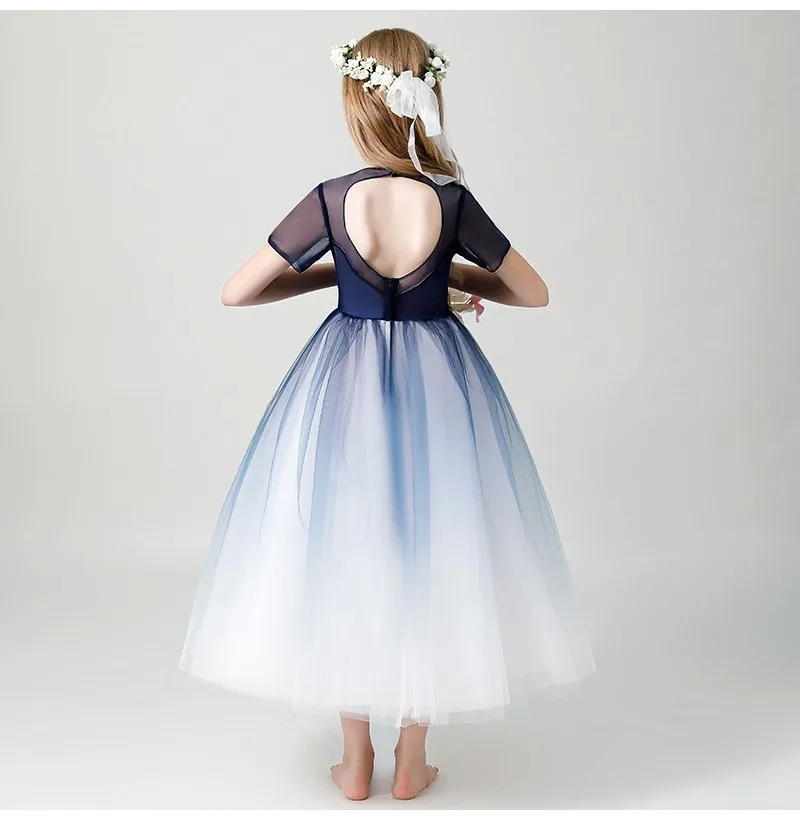 Элегантное ниже колена платье принцессы с цветочным узором для девочек на свадьбу темно-синие тюлевые Свадебные платья для девочек платья