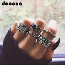 Docona, бохо, Серебряный слон, цветок, кастет, кольцо миди, набор для женщин, Ретро стиль, черные стразы, кольца на палец, 5 шт./1 набор, 6222