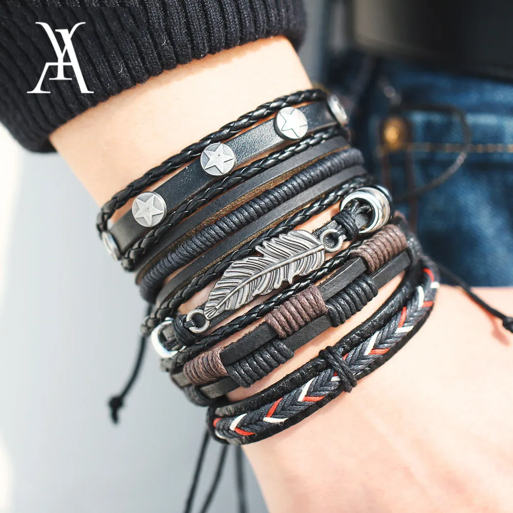 

Fashion Star Feather Retro Style Multiple Charm Bracelets Set For Men Woman Hip Hop Leather Bracelet Bangles Cuff Jewelry