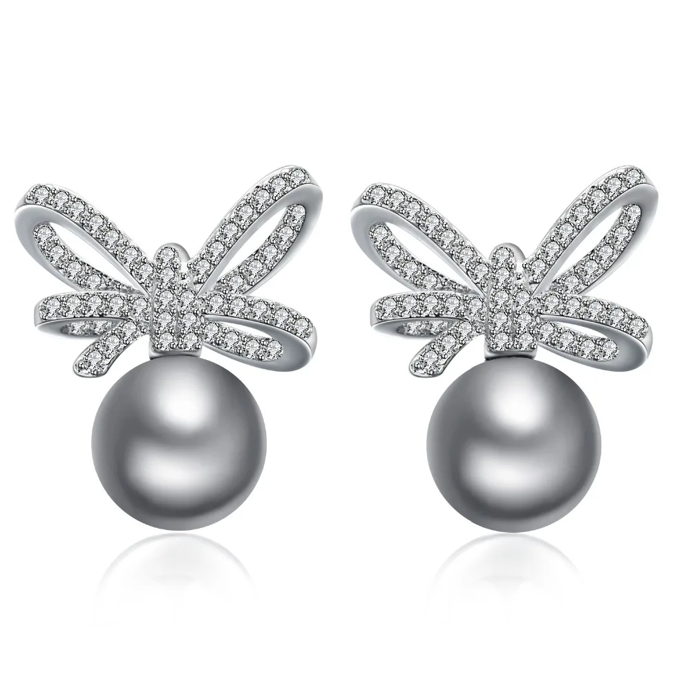 

Newest Earrings for women rhodium plated with CZ & Imitation grey pearl stud Earring fashion jewelry Free drop shipping