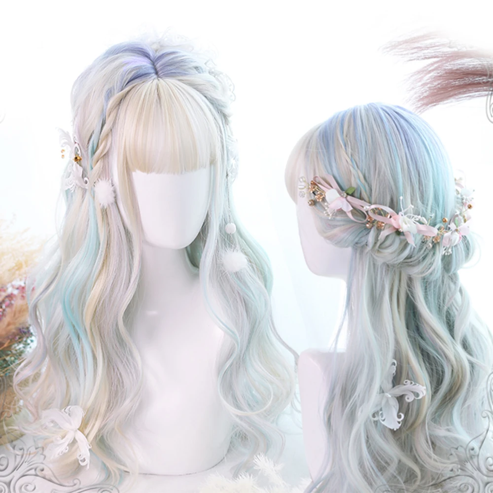 

Lolita 60CM Aurora Mixed Color Long Wavy Party Cosplay Full Wig With Bang +Wig Cap Heat Resistant H762295