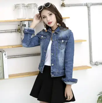 

NEW 2019 Women Plus Size XL long basical jeans jacket coat Bleach Full Sleeves Single Breast Slim Women Denim Jacket