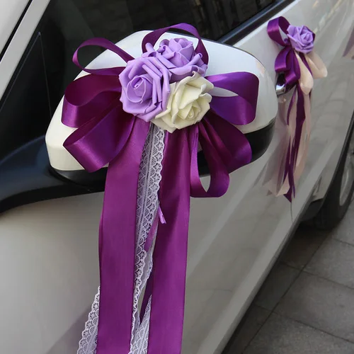 6 шт./лот Зеркало заднего вида свадебный цветок автопарк украшения цветы аксессуаров свадебный автомобиль ручка цветок принадлежности - Цвет: Фиолетовый