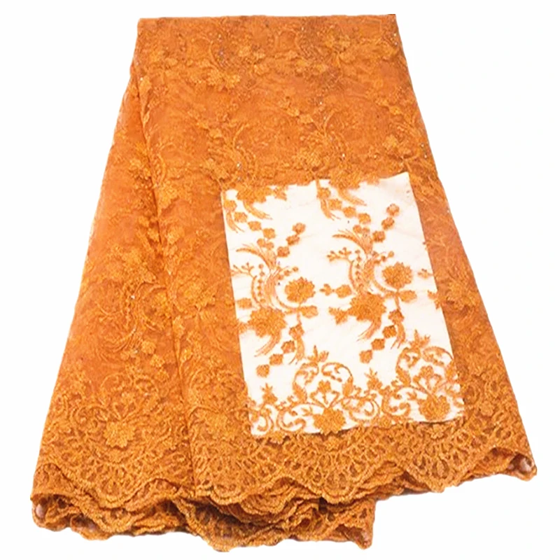 

Orange lace fabric African Lace 2019 new arrical African french net Lace fabric with stones for party dress 5yards