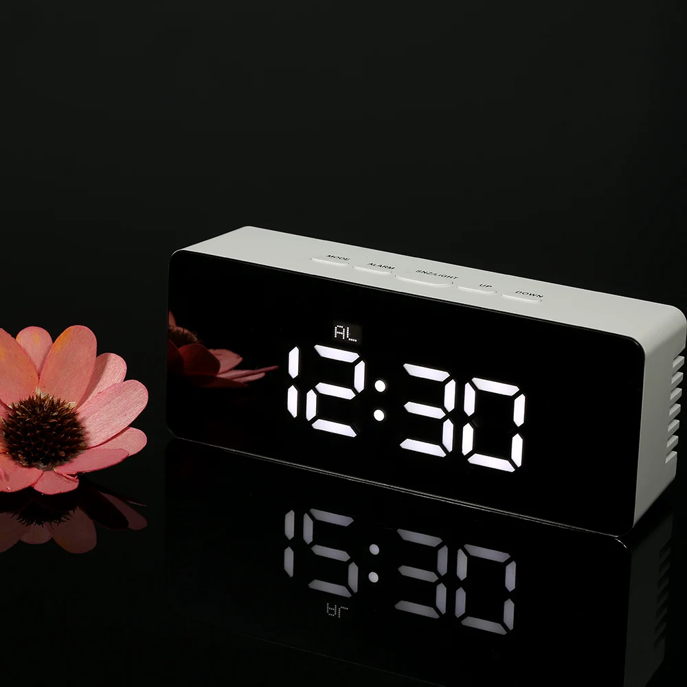 

Alarm and Snooze Function Thermometer Adjustable Digital LED Display Desktop Digital Table Clocks Mirror Clock 12H/24H