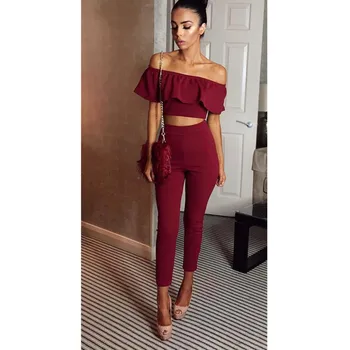 

Fashion Two Piece Women Sets Sexy Slash Neck Crop Ruffle Tops And Long Pants Set Autumn Short Sleeve Two Pieces Feminino