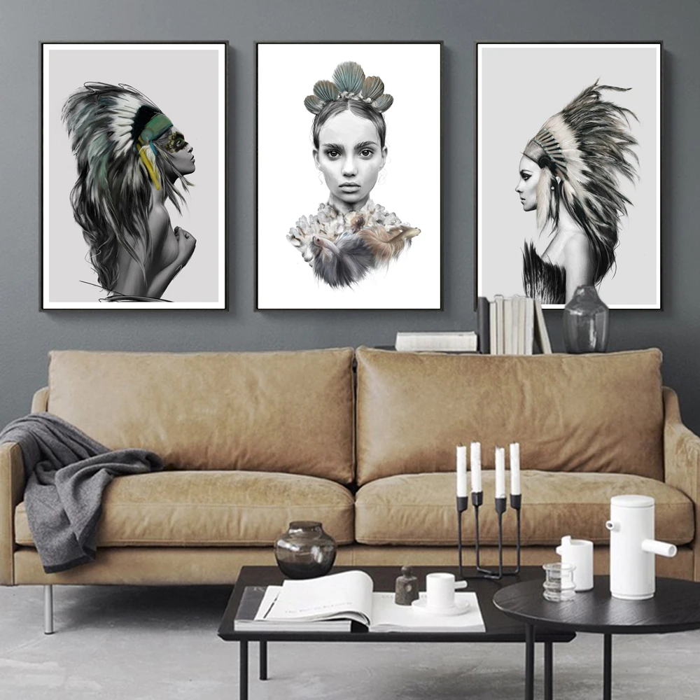 

Indian Girl With Feather Posters And Prints Beauty Feather Wall Art Canvas Painting Decorative Canvas Prints For Home Wall Decor