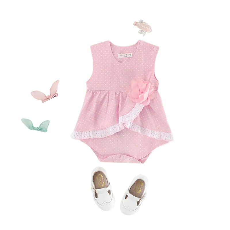

Summer Baby Girl Rompers Three-dimensional Flower Decoration Dot Pattern Sleeveless Round Neck 0-3Y Rompers