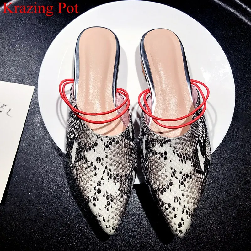 

genuine leather big size print pointed toe low heel women sandals slip on office lady solid elegant vacation summer shoes L96