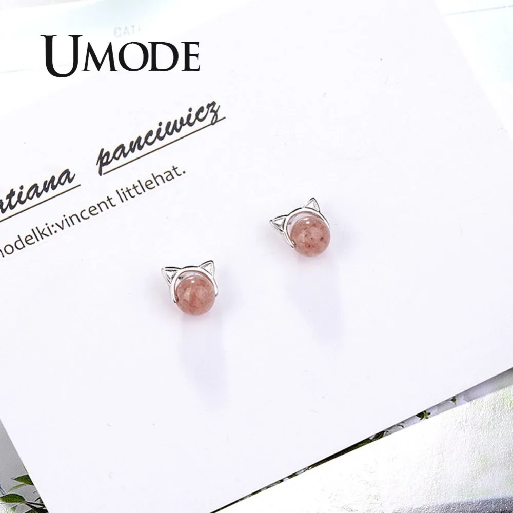 UMODE Korean Small Cute Cat Ear Strawberry Crystal Stud Earrings for Women Fashion Jewelry boucles d oreille femme UE0458