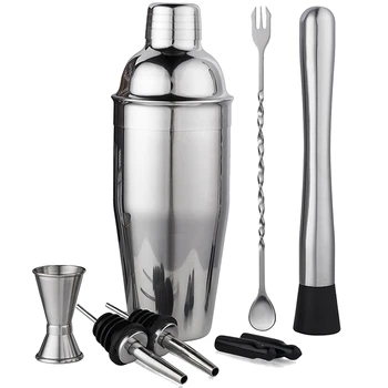 

New Cocktail Shaker Set Includes Martini Shaker, Mixing Spoon, Muddler, Measuring Jigger, Liquor Pourers With Dust Caps - Prof