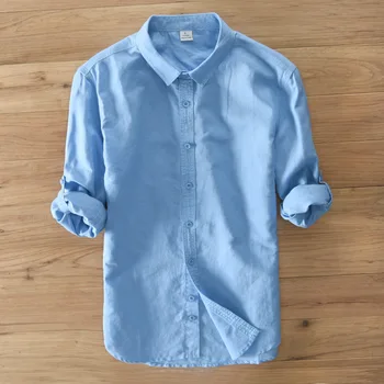 

2018 small and pure and fresh linen long sleeve shirt the cultivate one's morality leisure washing Pure color joker shirt