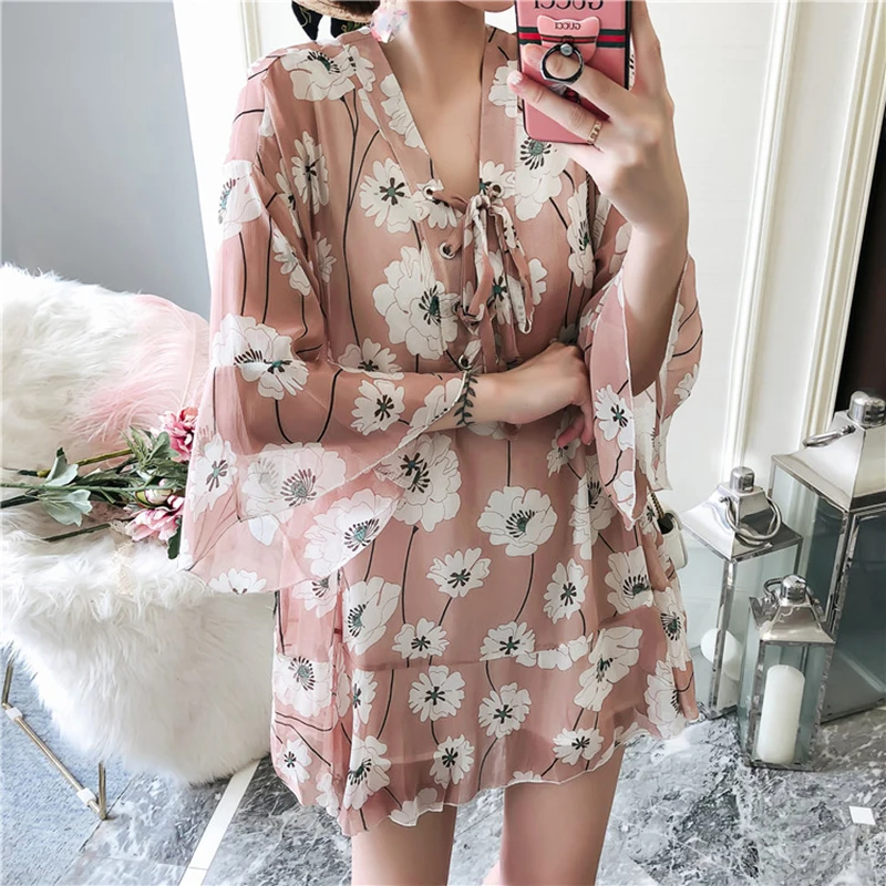 

CXQ063 Womens clothes 2019 spring korean plus size New A-Line mini sexy dress V-neck Flare Sleeve party dress Thin XL-5XL