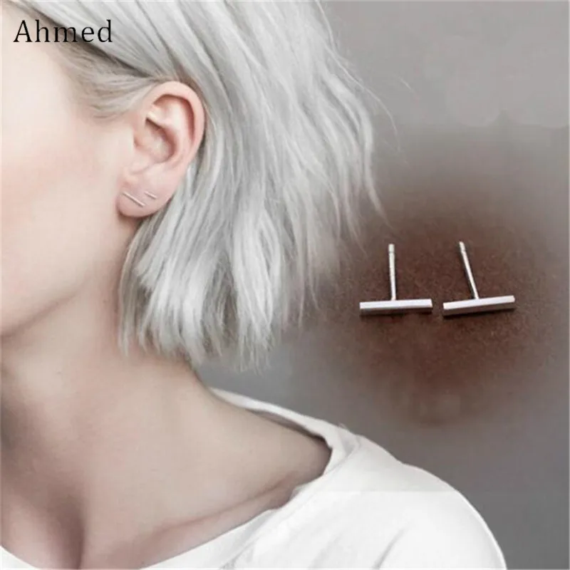 

Ahmed Korean Simple Lines T-type Glossy Stud Earrings Women Fashion Temperament Brinco Bijouterie Lady Earring Jewelry