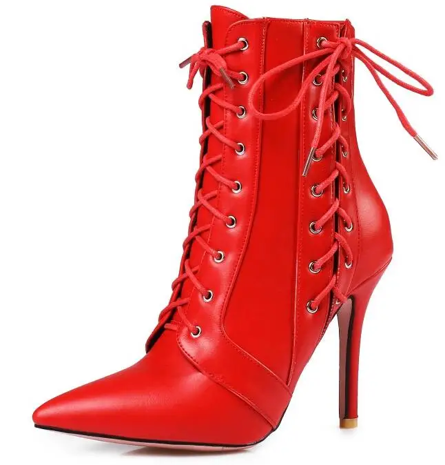MAZIAO/женские зимние красные ботинки на высоком каблуке ботинки до середины икры на шнуровке г. Осенняя обувь с острым носком белый, черный цвет, большие размеры 34-45