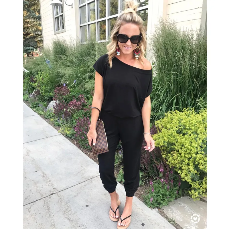 

Summer Sexy Off Shoulder Short Sleeve Solid Casual Jumpsuit 2019 Women Clothes Eleaant Overalls Long Rompers Work Office Femme