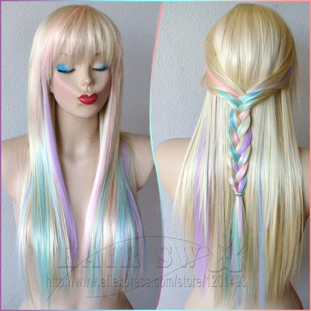 Blonde/Pastel color highlights rainbow Fairy princess wig.Long straight hair with bangs wig. Heat resistant multi color wig|wig hair products|hair bathwig color - AliExpress