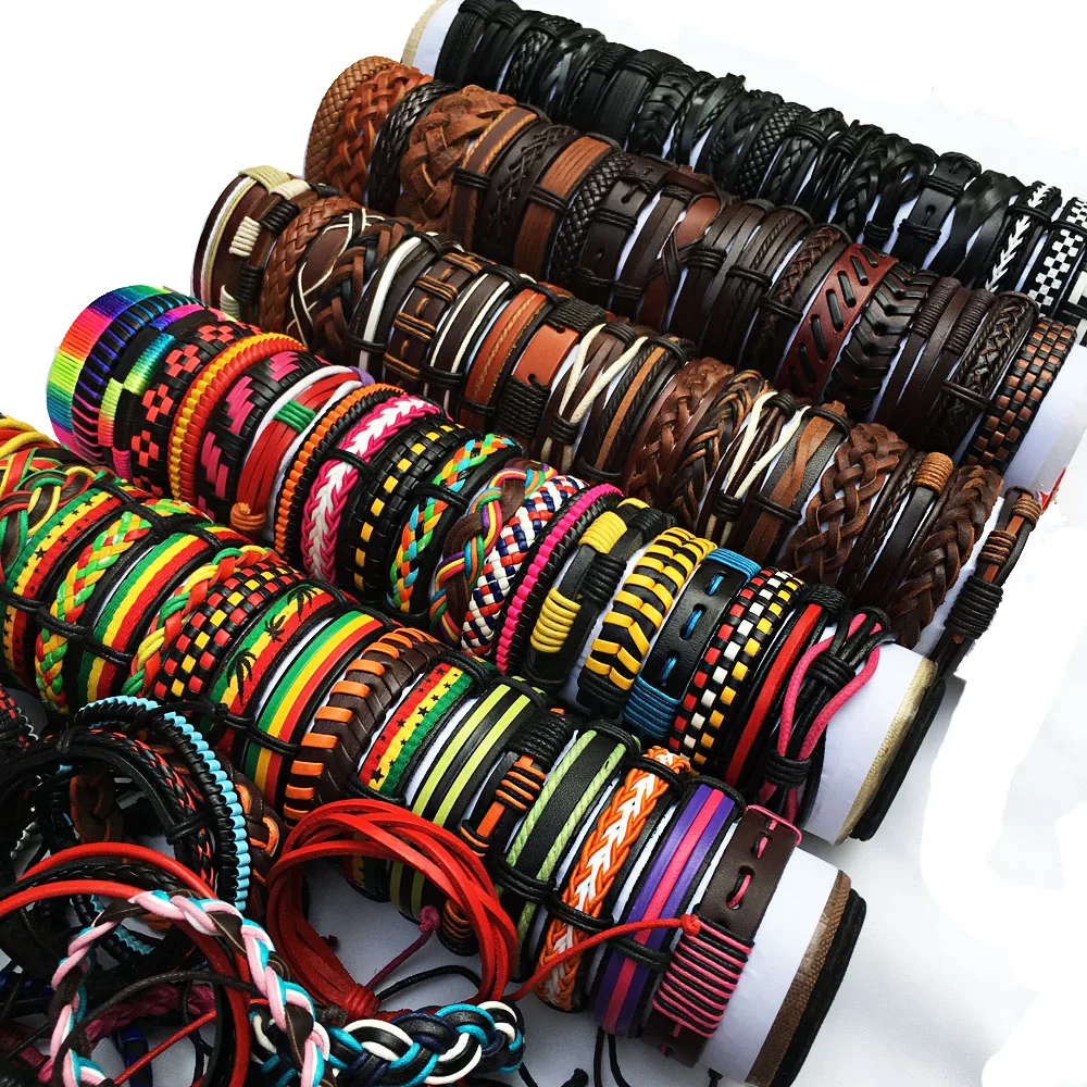 

Party Gift Random 50PCS or 30PCS Multi-color Multilayer Leather Bracelets Men Braided Handmade Rope Wrap Bracelets & Bangle KP19