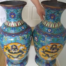 20 Китайский Королевский Дворец Бронза Медь перегородчатая эмаль Луки Шесть Дракон Ваза Пара 8.02