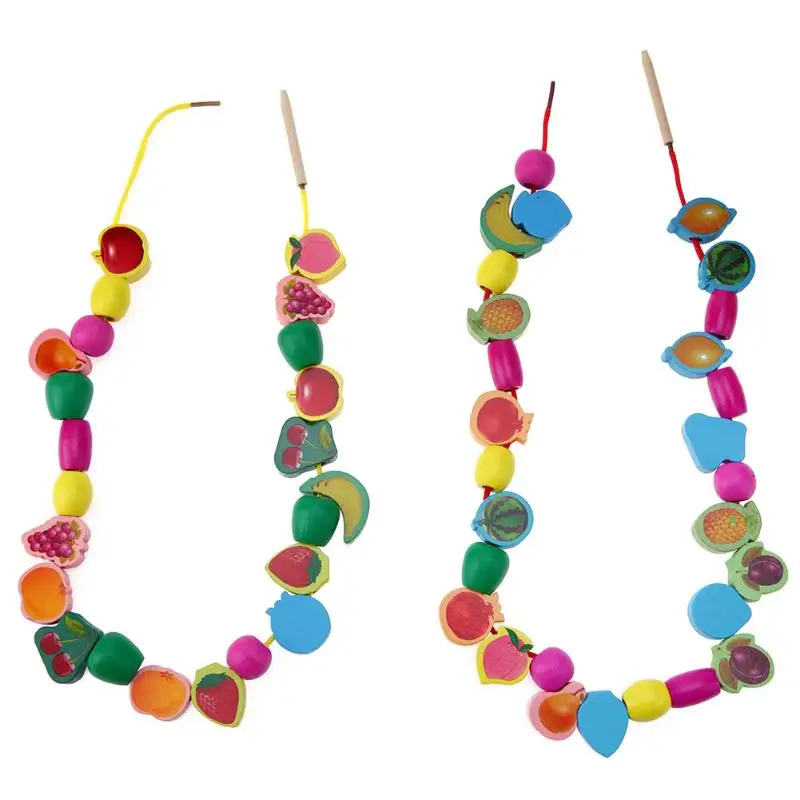 

60pcs/lot Fruit Pattern Wooden Educational DIY Wood Blocks Assemblage BeadsToys Kids Stringing Threading Beads Toy