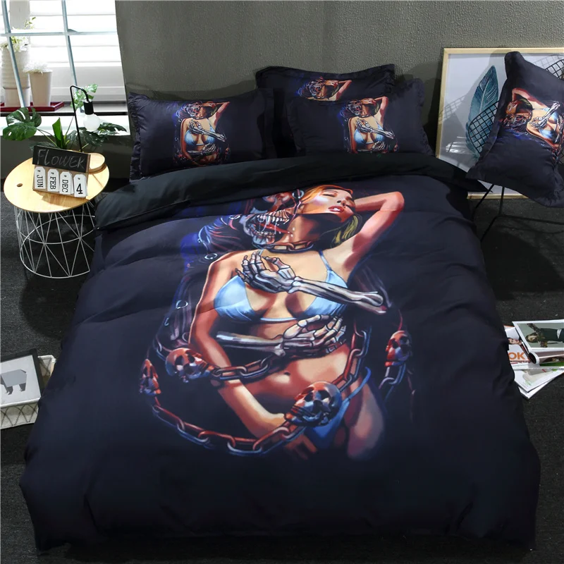 

Luxury Smart 3d bedding set bedclothes 4pcs bed set Duvet Cover flat sheet Home Textiles pillowcase Beauty and devil Skull
