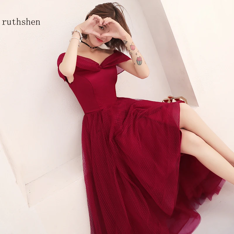 

High Low Burgundy Red Prom Dress Off The Shoulder 2019 Dot Tulle Elegant Formal Party Evening Gowns Vestidos Elegantes