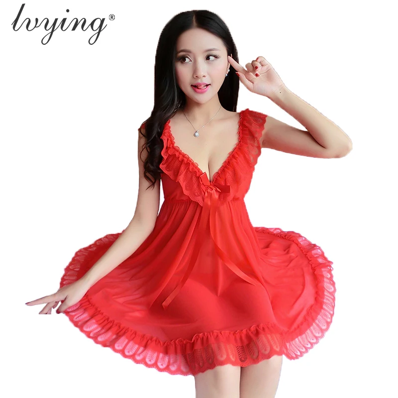 

New Style Women Pyjamas Sexy Lace Night Dress Ruffled Neckline Nightgown Transparents Lingerie Sleepwear Nightwear Night Gown